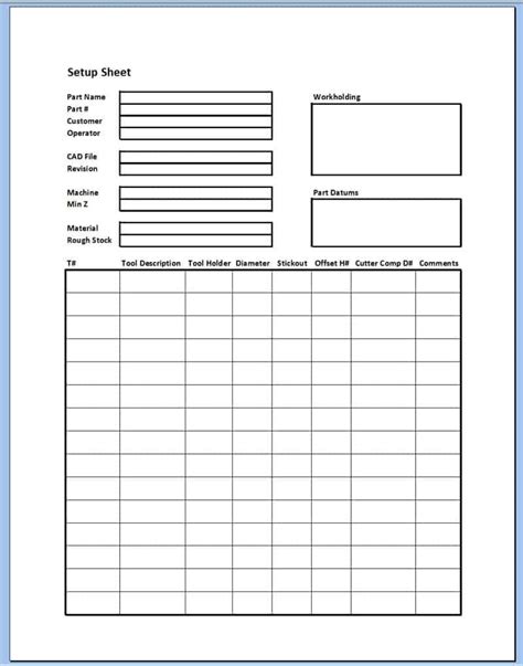 cnc setup sheet excel template